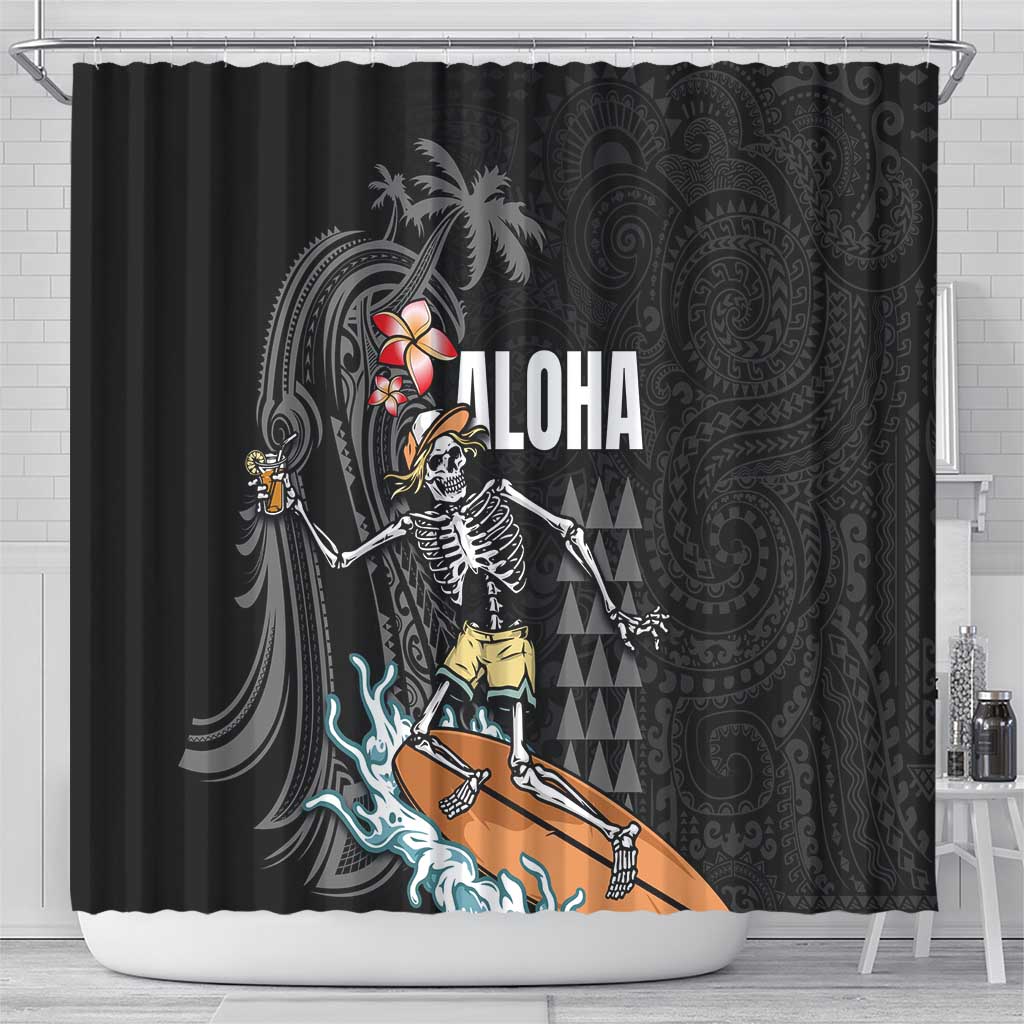 Hawaiian Halloween Skeleton Surfing Shower Curtain Polynesian Tribal Tattoo and Hawaiian Pattern LT03 - Polynesian Pride