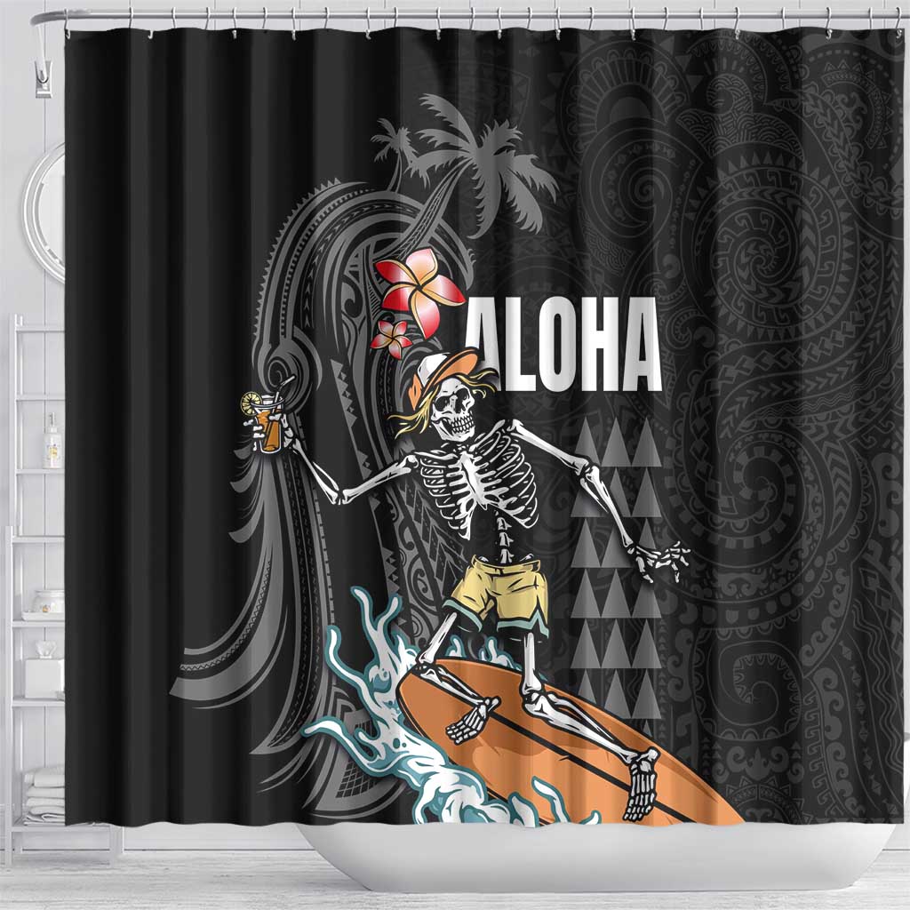 Hawaiian Halloween Skeleton Surfing Shower Curtain Polynesian Tribal Tattoo and Hawaiian Pattern LT03 - Polynesian Pride