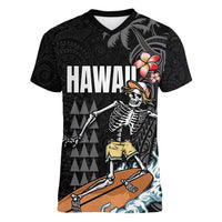 Hawaiian Halloween Skeleton Surfing Women V-Neck T-Shirt Polynesian Tribal Tattoo and Hawaiian Pattern LT03 Female Black - Polynesian Pride