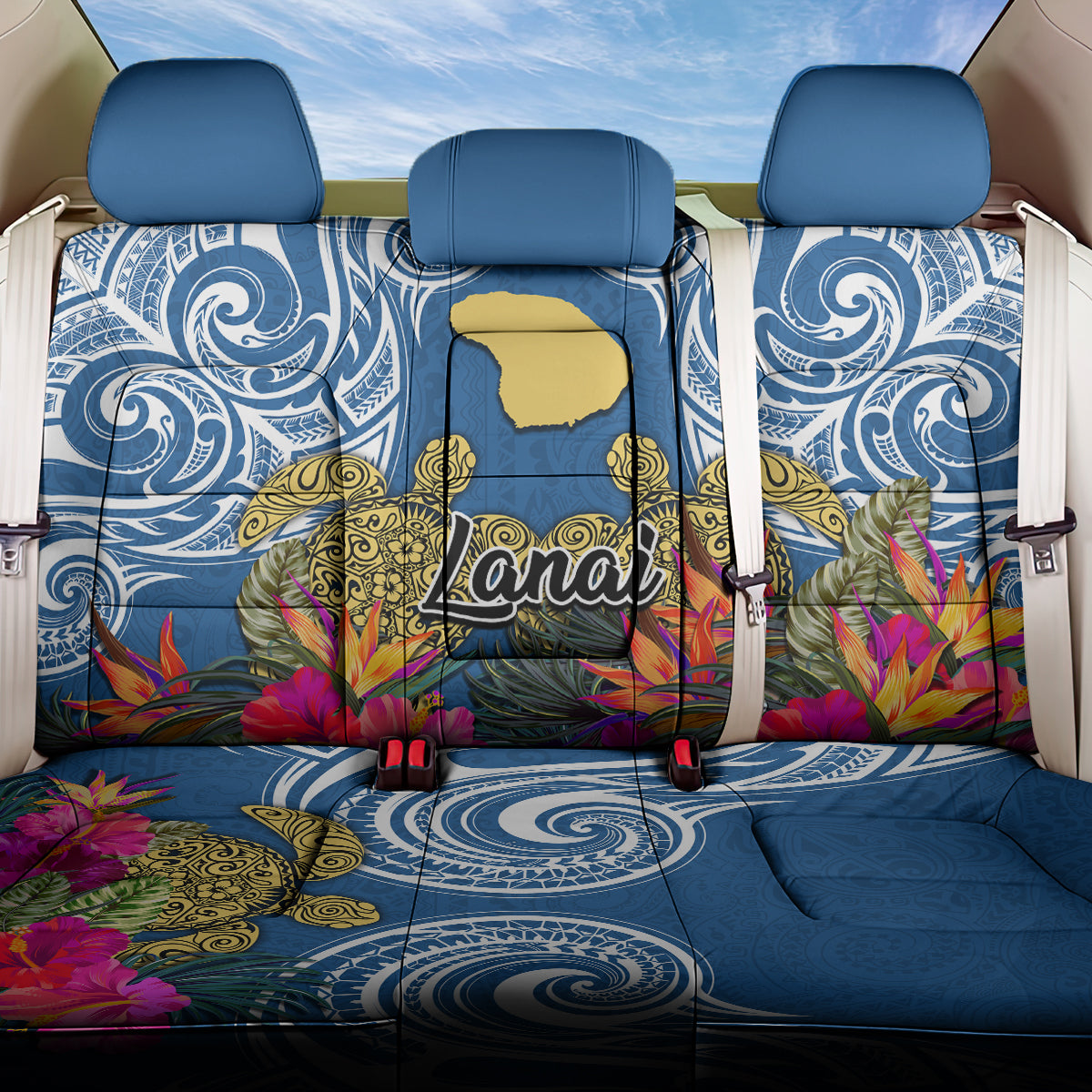 Hawaii Lanai Island Back Car Seat Cover Hibiscus Turle and Map with Polynesian Spiral