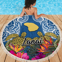 Hawaii Lanai Island Beach Blanket Hibiscus Turle and Map with Polynesian Spiral LT03 - Wonder Print Shop