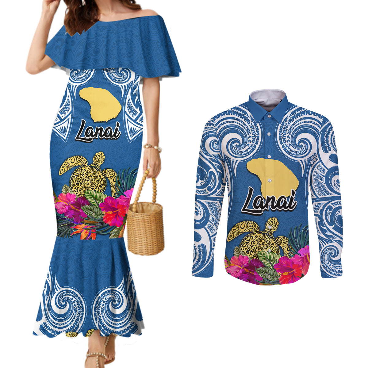 Hawaii Lanai Island Couples Matching Mermaid Dress and Long Sleeve Button Shirts Hibiscus Turle and Map with Polynesian Spiral LT03 Blue - Polynesian Pride