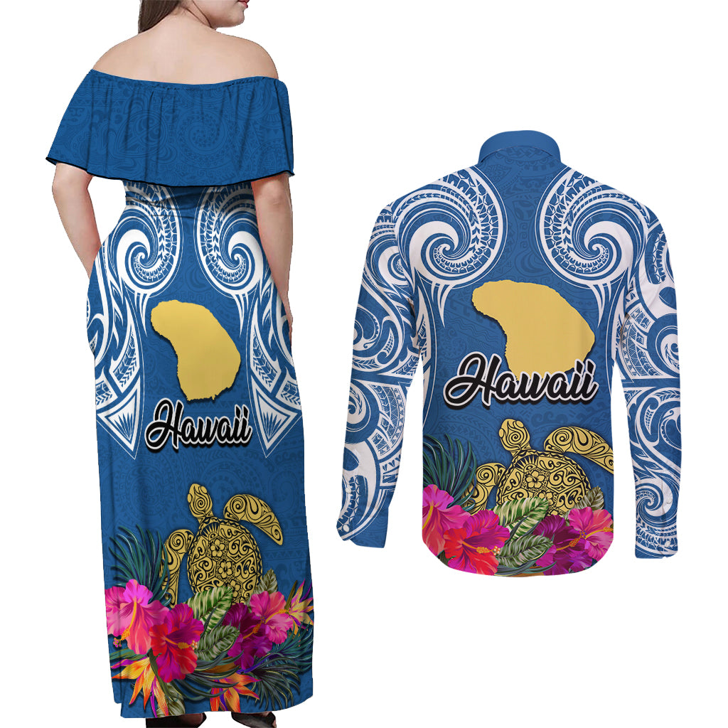 Hawaii Lanai Island Couples Matching Off Shoulder Maxi Dress and Long Sleeve Button Shirts Hibiscus Turle and Map with Polynesian Spiral LT03 - Polynesian Pride