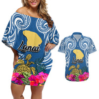 Hawaii Lanai Island Couples Matching Off Shoulder Short Dress and Hawaiian Shirt Hibiscus Turle and Map with Polynesian Spiral LT03 Blue - Polynesian Pride