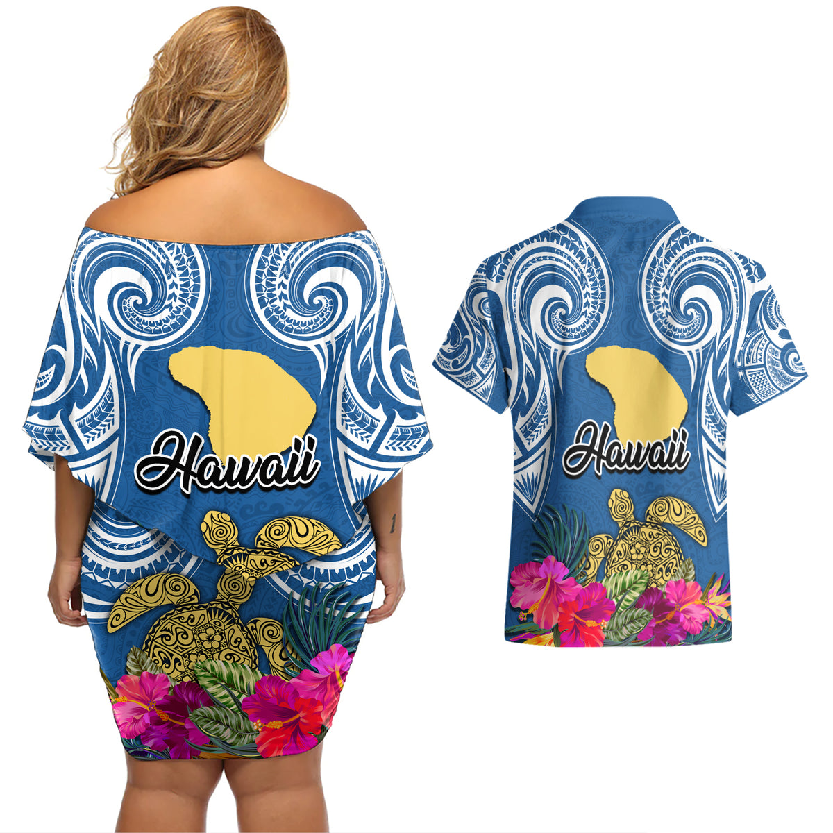 Hawaii Lanai Island Couples Matching Off Shoulder Short Dress and Hawaiian Shirt Hibiscus Turle and Map with Polynesian Spiral LT03 - Polynesian Pride
