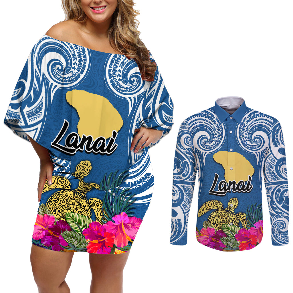 Hawaii Lanai Island Couples Matching Off Shoulder Short Dress and Long Sleeve Button Shirts Hibiscus Turle and Map with Polynesian Spiral LT03 Blue - Polynesian Pride