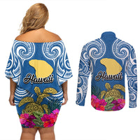 Hawaii Lanai Island Couples Matching Off Shoulder Short Dress and Long Sleeve Button Shirts Hibiscus Turle and Map with Polynesian Spiral LT03 - Polynesian Pride