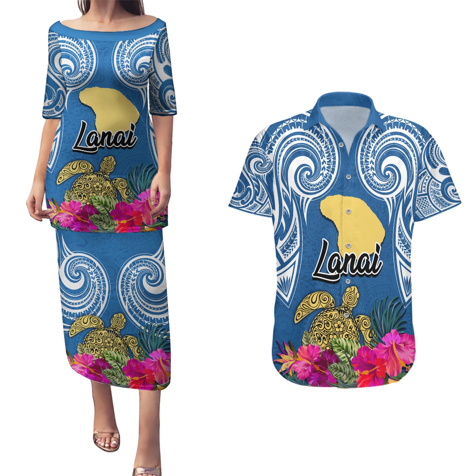Hawaii Lanai Island Couples Matching Puletasi Dress and Hawaiian Shirt Hibiscus Turle and Map with Polynesian Spiral LT03 Blue - Polynesian Pride