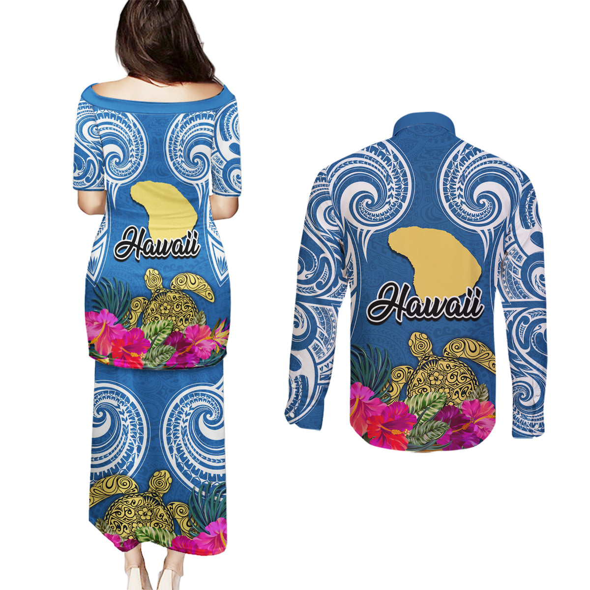 Hawaii Lanai Island Couples Matching Puletasi Dress and Long Sleeve Button Shirts Hibiscus Turle and Map with Polynesian Spiral LT03 - Polynesian Pride