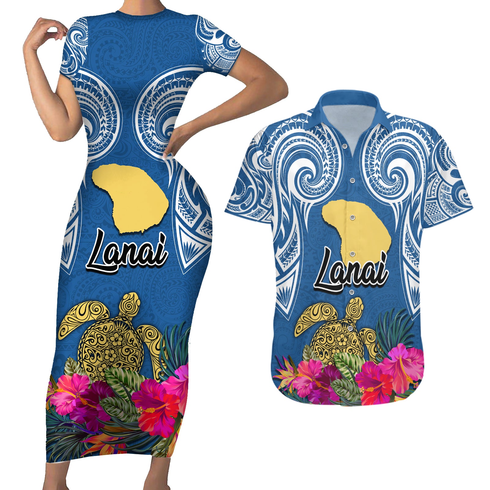 Hawaii Lanai Island Couples Matching Short Sleeve Bodycon Dress and Hawaiian Shirt Hibiscus Turle and Map with Polynesian Spiral LT03 Blue - Polynesian Pride