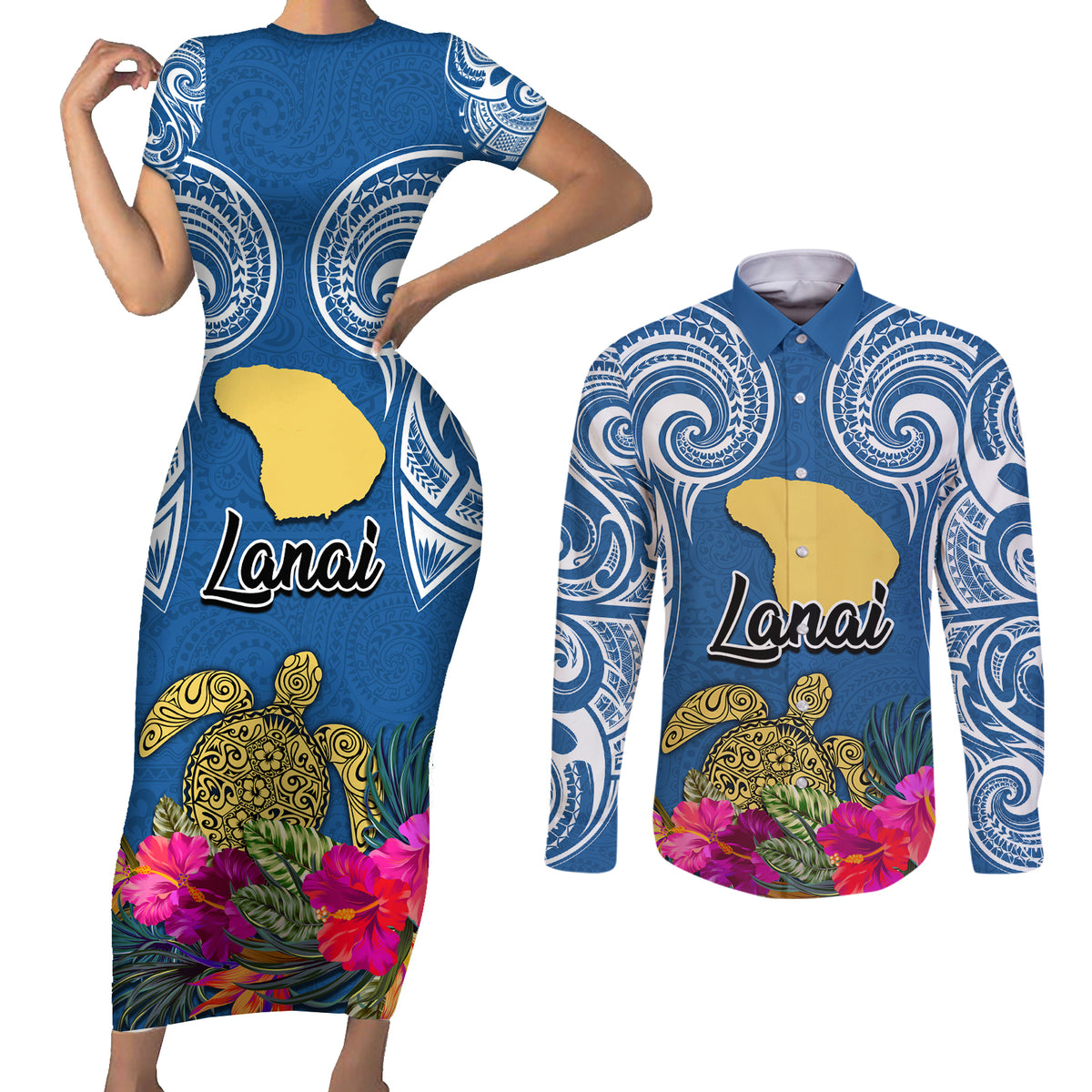 Hawaii Lanai Island Couples Matching Short Sleeve Bodycon Dress and Long Sleeve Button Shirts Hibiscus Turle and Map with Polynesian Spiral LT03 Blue - Polynesian Pride