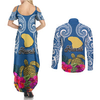 Hawaii Lanai Island Couples Matching Summer Maxi Dress and Long Sleeve Button Shirts Hibiscus Turle and Map with Polynesian Spiral LT03 - Polynesian Pride