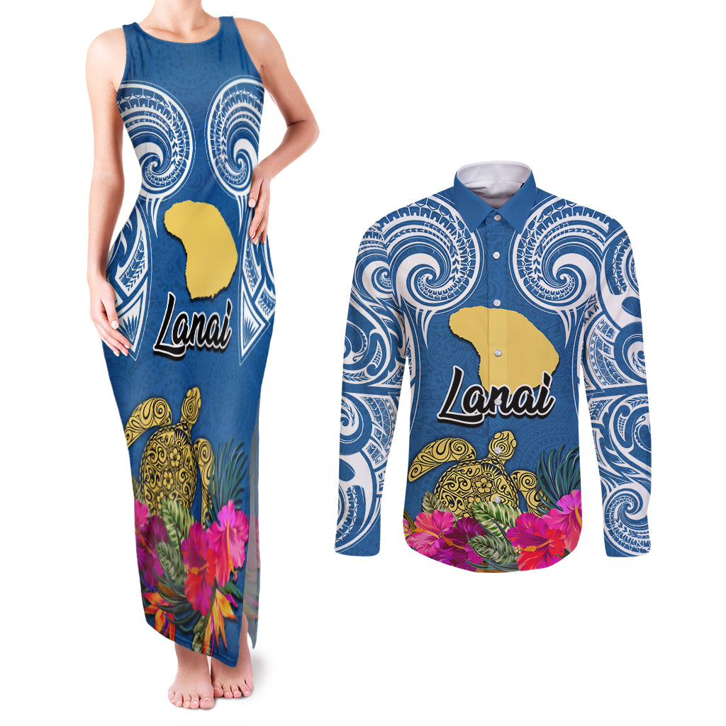 Hawaii Lanai Island Couples Matching Tank Maxi Dress and Long Sleeve Button Shirts Hibiscus Turle and Map with Polynesian Spiral LT03 Blue - Polynesian Pride