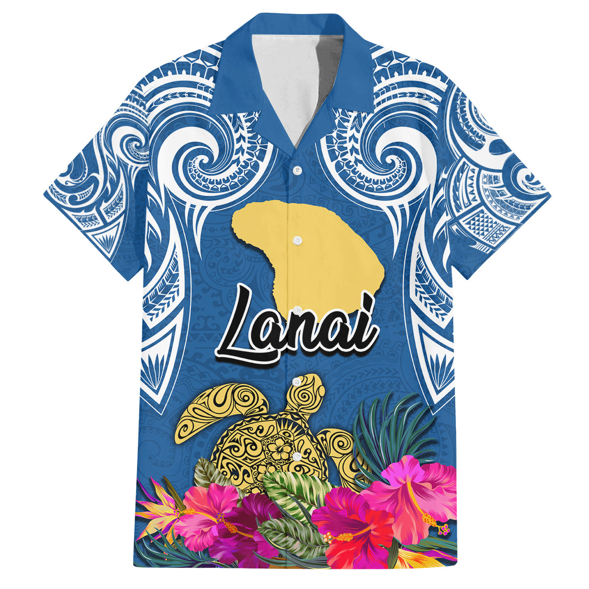 Hawaii Lanai Island Family Matching Long Sleeve Bodycon Dress and Hawaiian Shirt Hibiscus Turle and Map with Polynesian Spiral LT03 Dad's Shirt - Short Sleeve Blue - Polynesian Pride