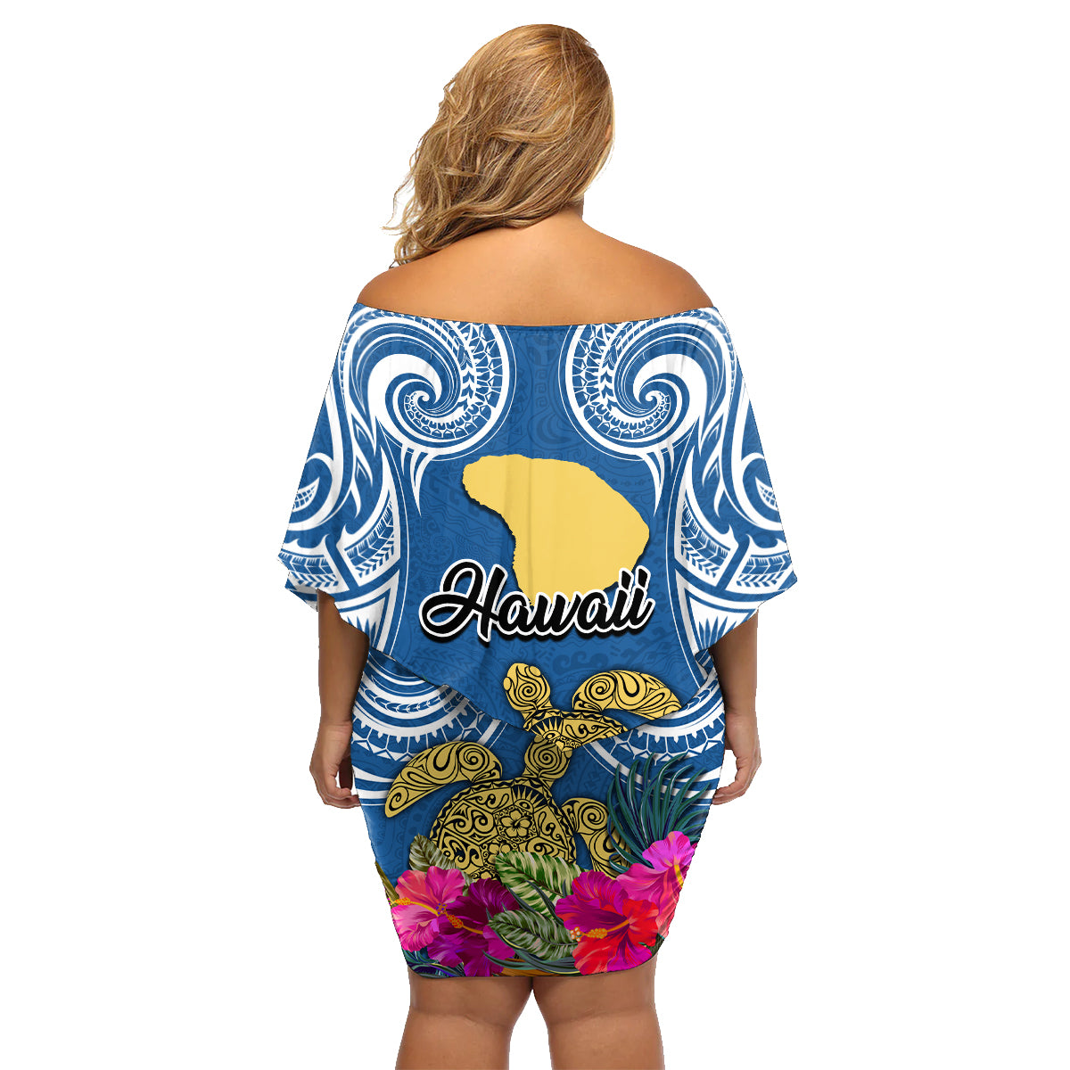 Hawaii Lanai Island Family Matching Off Shoulder Short Dress and Hawaiian Shirt Hibiscus Turle and Map with Polynesian Spiral LT03 - Polynesian Pride