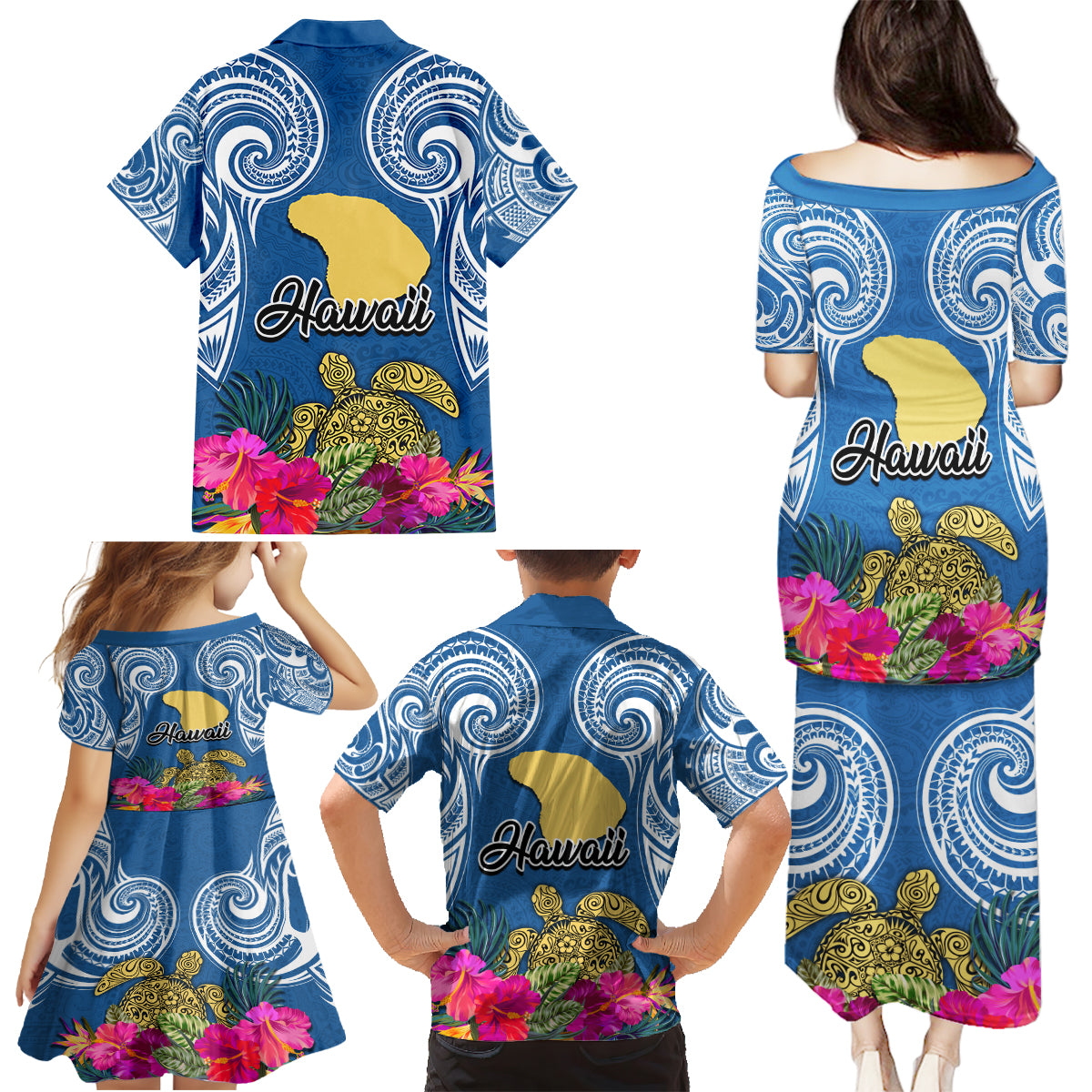 Hawaii Lanai Island Family Matching Puletasi Dress and Hawaiian Shirt Hibiscus Turle and Map with Polynesian Spiral LT03 - Polynesian Pride