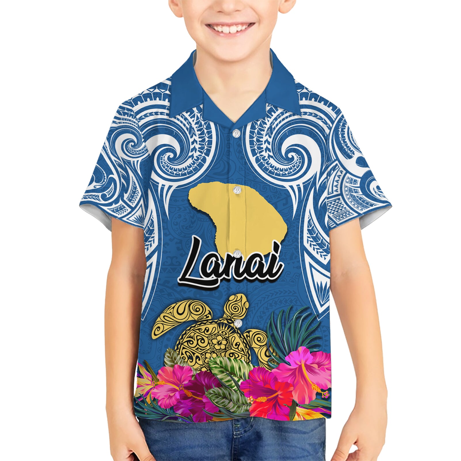 Hawaii Lanai Island Kid Hawaiian Shirt Hibiscus Turle and Map with Polynesian Spiral LT03 Kid Blue - Polynesian Pride