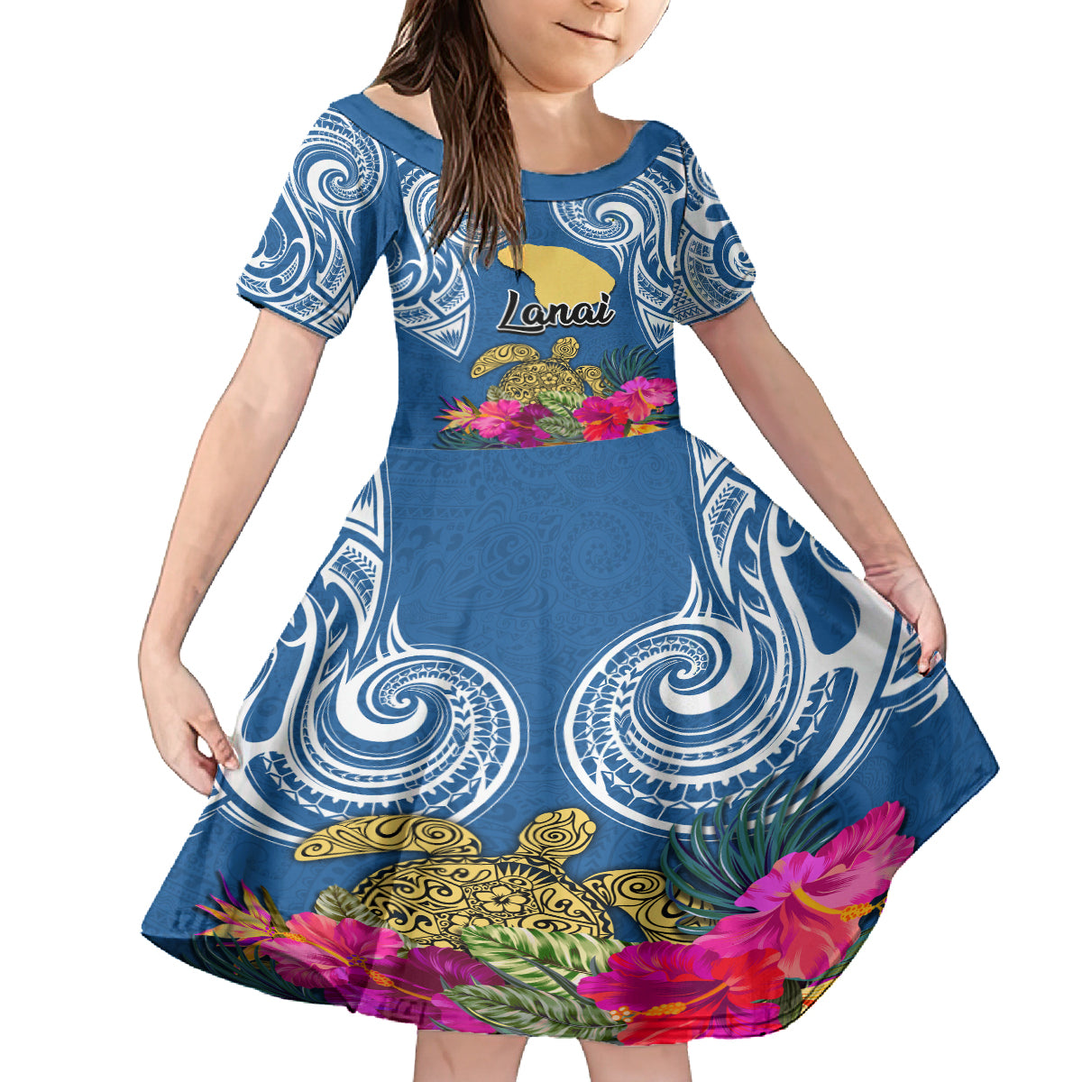 Hawaii Lanai Island Kid Short Sleeve Dress Hibiscus Turle and Map with Polynesian Spiral LT03 KID Blue - Polynesian Pride
