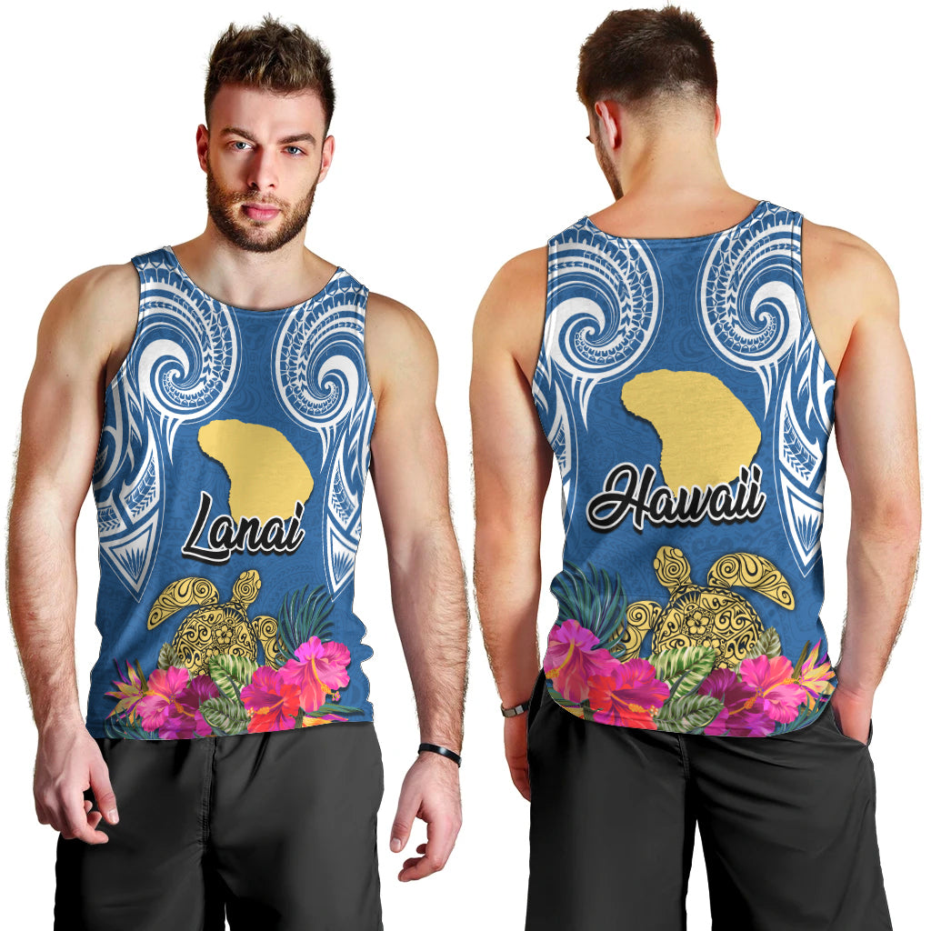 Hawaii Lanai Island Men Tank Top Hibiscus Turle and Map with Polynesian Spiral LT03 - Polynesian Pride