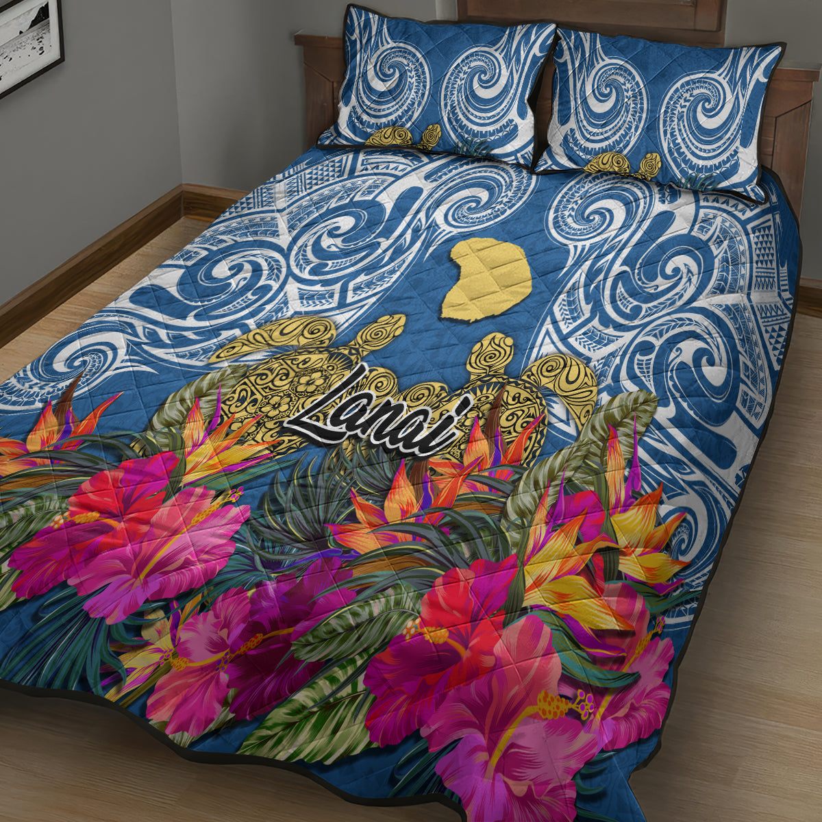 Hawaii Lanai Island Quilt Bed Set Hibiscus Turle and Map with Polynesian Spiral LT03 - Polynesian Pride
