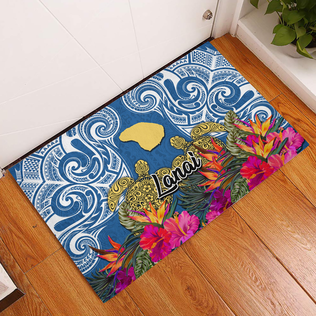 Hawaii Lanai Island Rubber Doormat Hibiscus Turle and Map with Polynesian Spiral LT03 Blue - Polynesian Pride