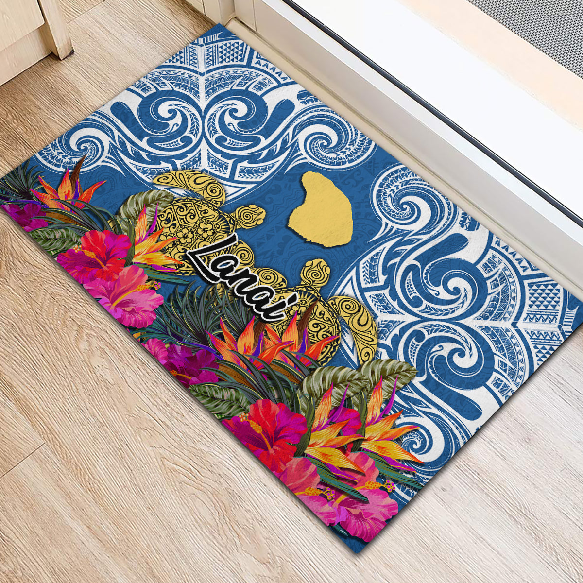 Hawaii Lanai Island Rubber Doormat Hibiscus Turle and Map with Polynesian Spiral LT03 - Polynesian Pride