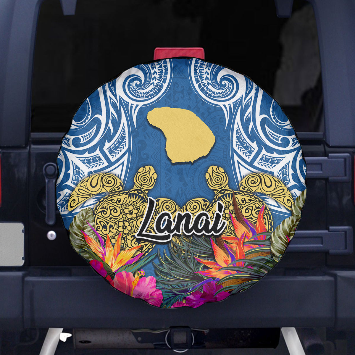 Hawaii Lanai Island Spare Tire Cover Hibiscus Turle and Map with Polynesian Spiral LT03 Blue - Polynesian Pride