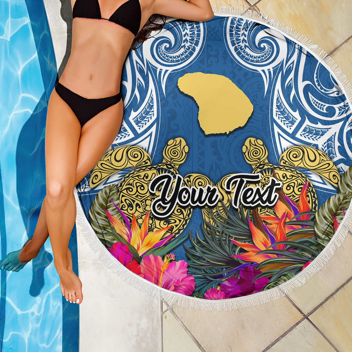 Custom Hawaii Lanai Island Beach Blanket Hibiscus Turle and Map with Polynesian Spiral LT03 - Wonder Print Shop