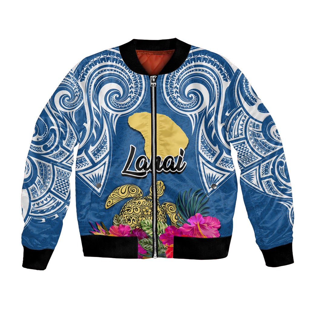 Custom Hawaii Lanai Island Bomber Jacket Hibiscus Turle and Map with Polynesian Spiral LT03 Unisex Blue - Polynesian Pride