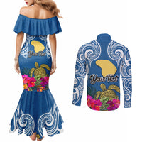 Custom Hawaii Lanai Island Couples Matching Mermaid Dress and Long Sleeve Button Shirts Hibiscus Turle and Map with Polynesian Spiral LT03 - Polynesian Pride