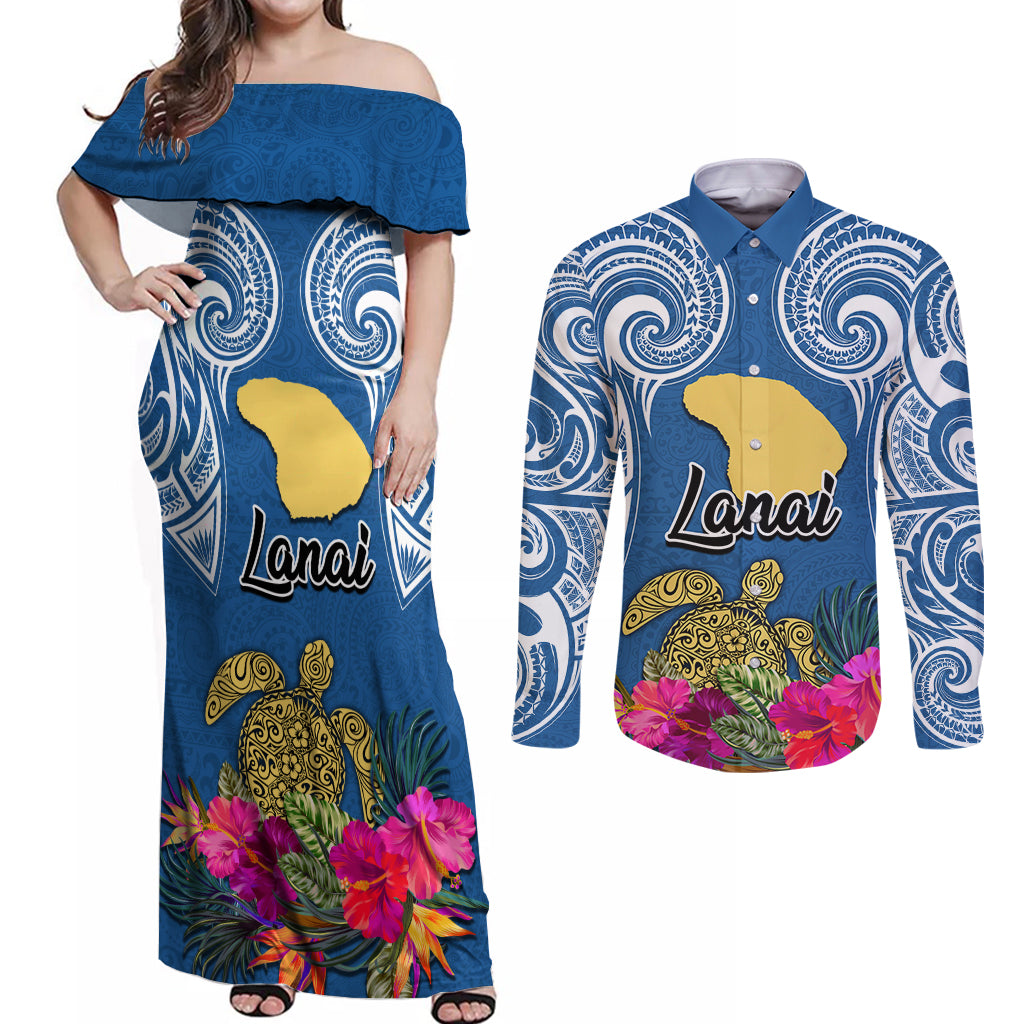 Custom Hawaii Lanai Island Couples Matching Off Shoulder Maxi Dress and Long Sleeve Button Shirts Hibiscus Turle and Map with Polynesian Spiral LT03 Blue - Polynesian Pride