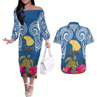 Custom Hawaii Lanai Island Couples Matching Off The Shoulder Long Sleeve Dress and Hawaiian Shirt Hibiscus Turle and Map with Polynesian Spiral LT03 Blue - Polynesian Pride