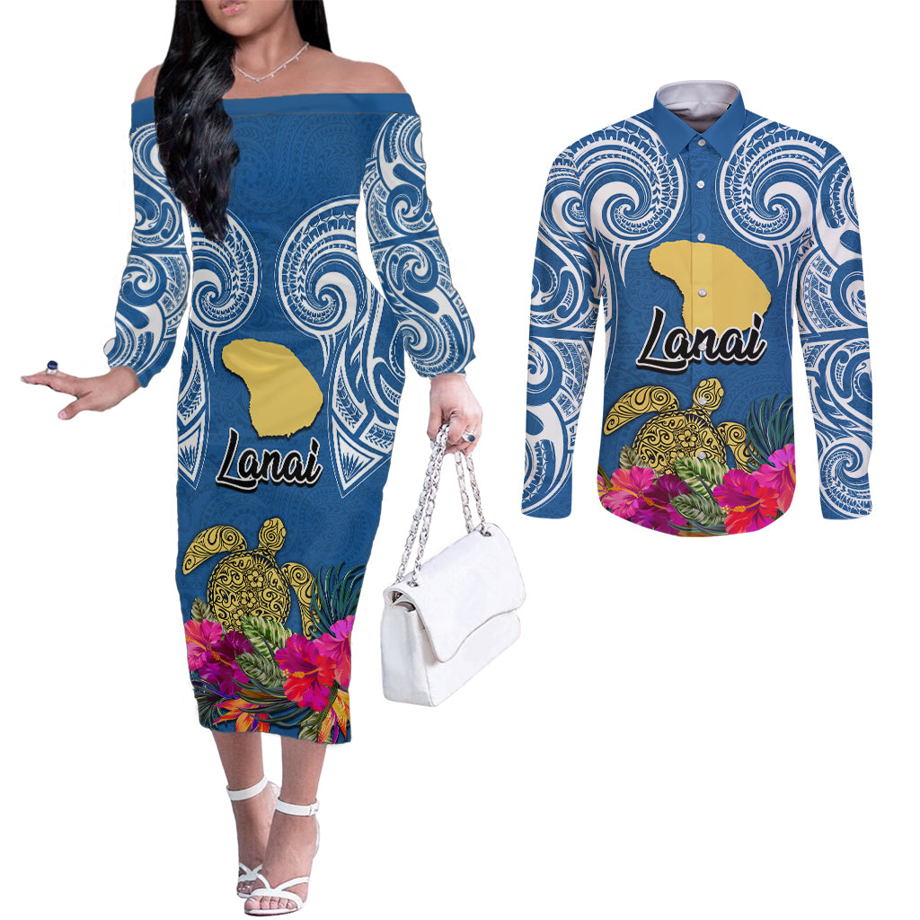 Custom Hawaii Lanai Island Couples Matching Off The Shoulder Long Sleeve Dress and Long Sleeve Button Shirts Hibiscus Turle and Map with Polynesian Spiral LT03 Blue - Polynesian Pride