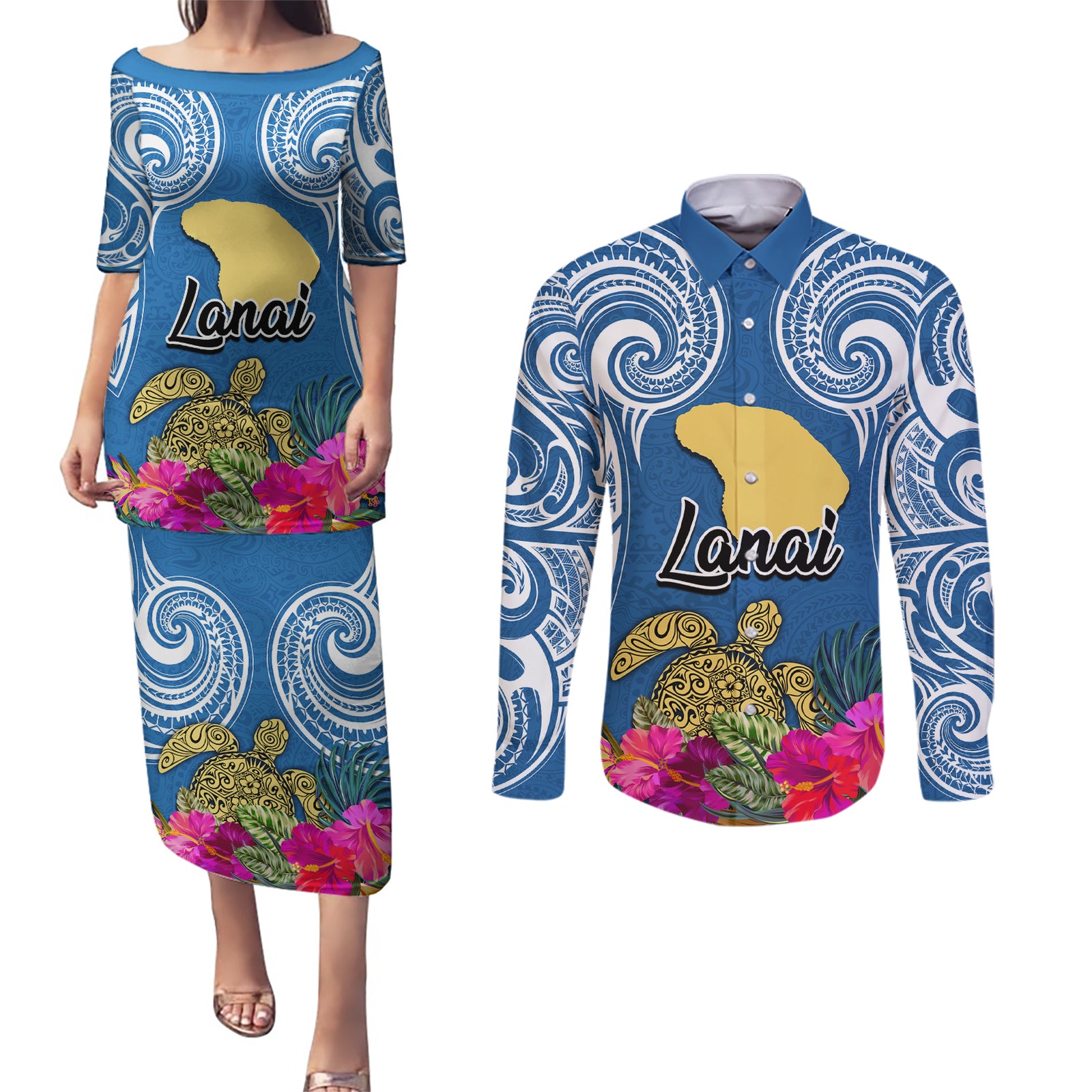Custom Hawaii Lanai Island Couples Matching Puletasi Dress and Long Sleeve Button Shirts Hibiscus Turle and Map with Polynesian Spiral LT03 Blue - Polynesian Pride