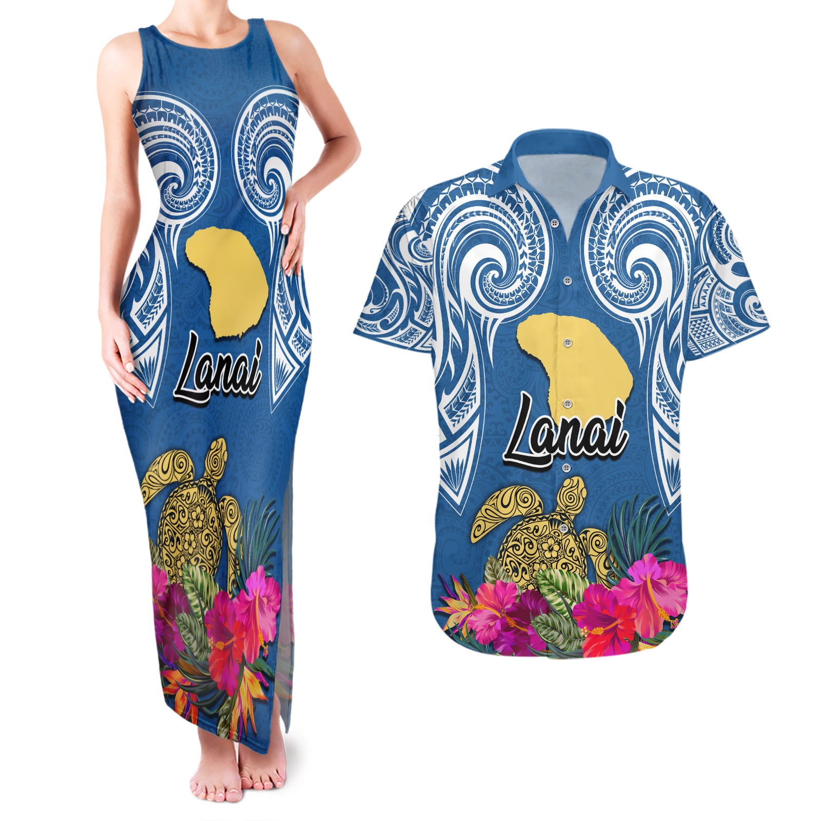 Custom Hawaii Lanai Island Couples Matching Tank Maxi Dress and Hawaiian Shirt Hibiscus Turle and Map with Polynesian Spiral LT03 Blue - Polynesian Pride
