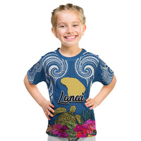 Custom Hawaii Lanai Island Kid T Shirt Hibiscus Turle and Map with Polynesian Spiral LT03 Blue - Polynesian Pride