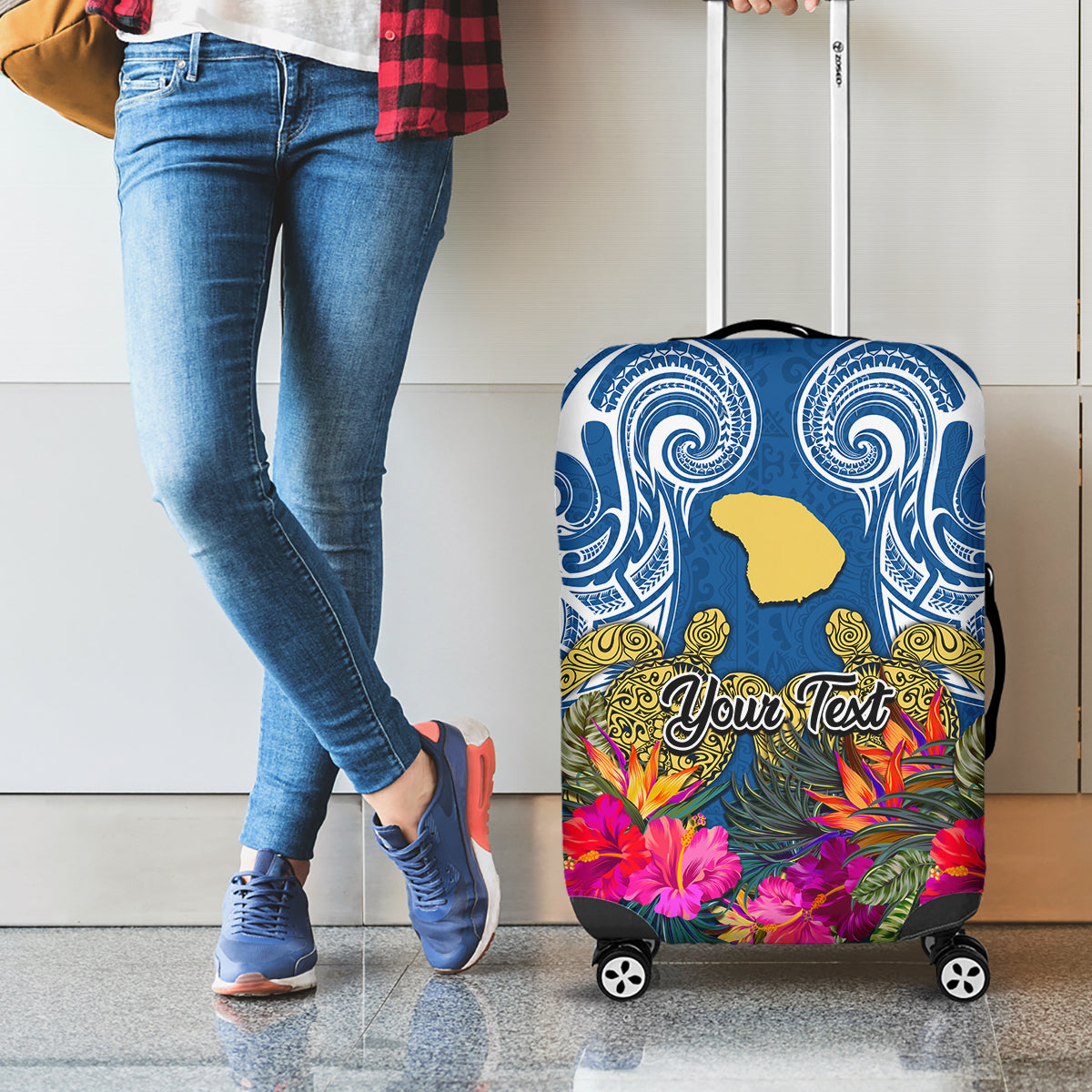 Custom Hawaii Lanai Island Luggage Cover Hibiscus Turle and Map with Polynesian Spiral LT03 - Polynesian Pride
