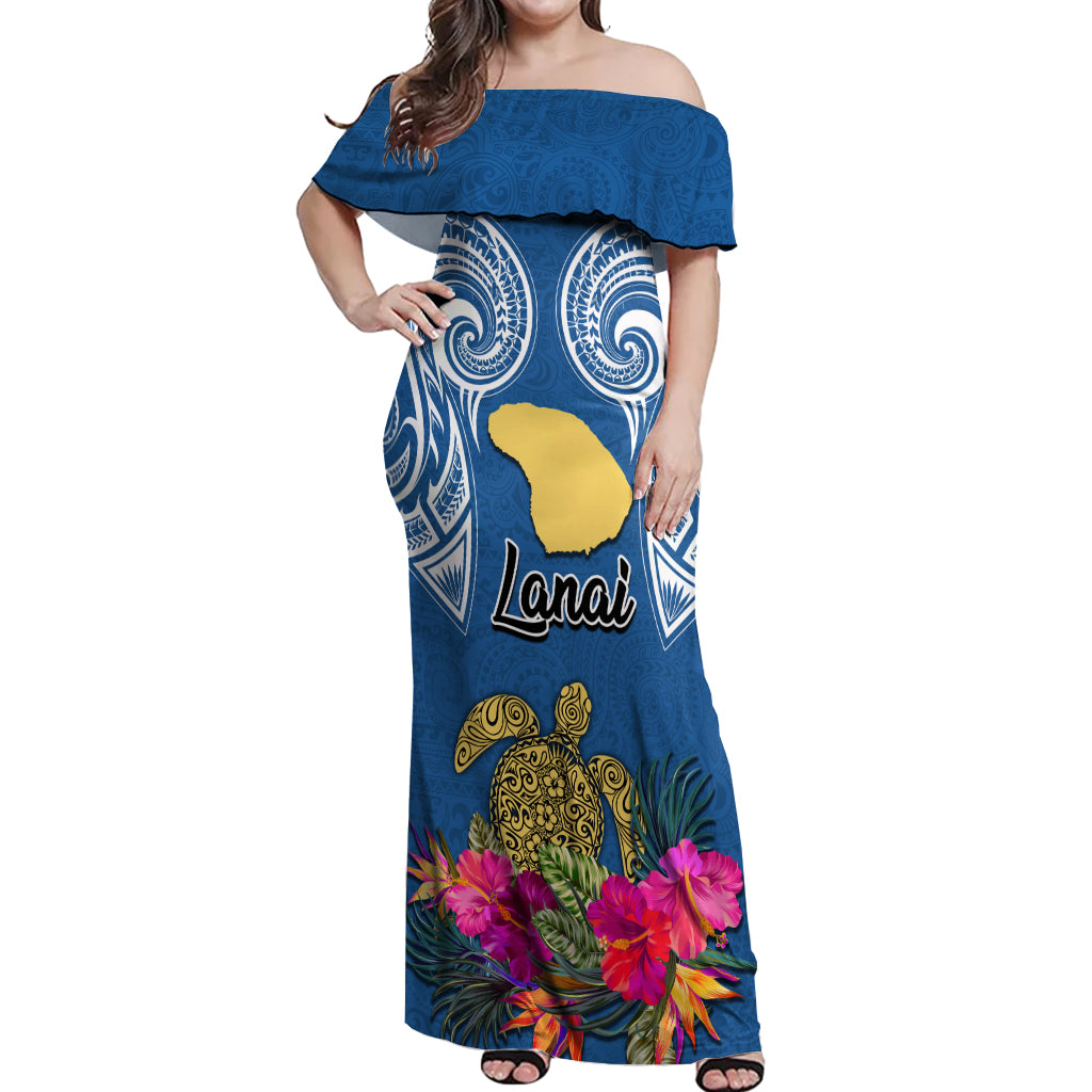 Custom Hawaii Lanai Island Off Shoulder Maxi Dress Hibiscus Turle and Map with Polynesian Spiral LT03 Women Blue - Polynesian Pride