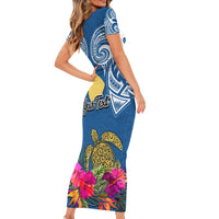 Custom Hawaii Lanai Island Short Sleeve Bodycon Dress Hibiscus Turle and Map with Polynesian Spiral LT03 - Polynesian Pride