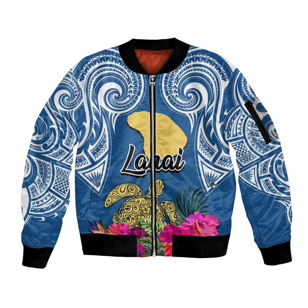 Custom Hawaii Lanai Island Sleeve Zip Bomber Jacket Hibiscus Turle and Map with Polynesian Spiral LT03 Unisex Blue - Polynesian Pride