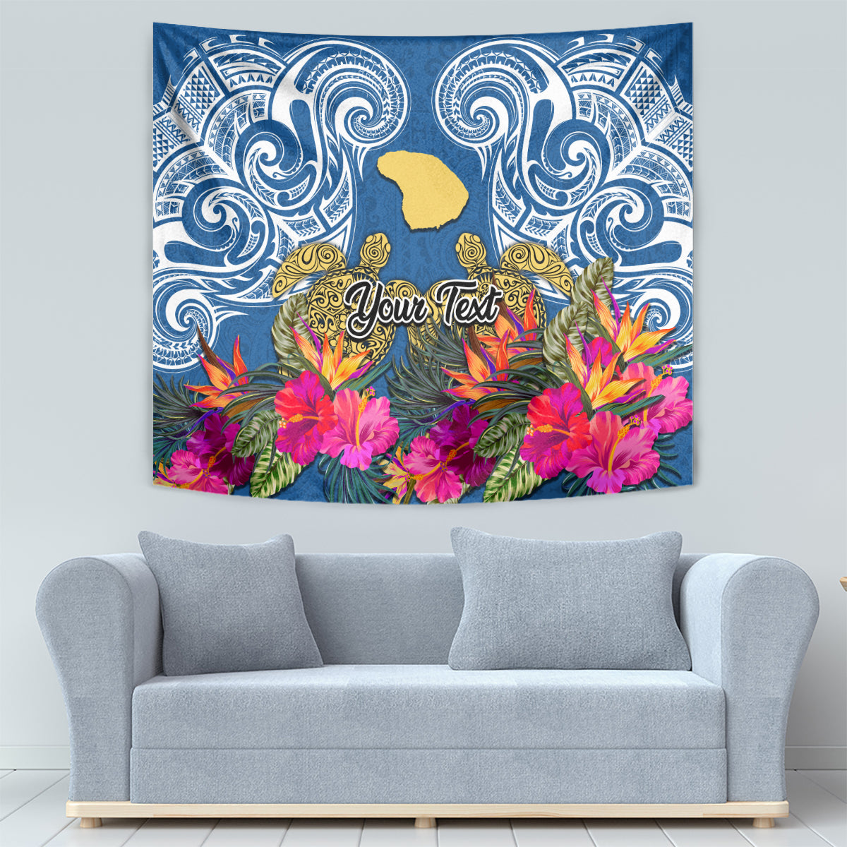 Custom Hawaii Lanai Island Tapestry Hibiscus Turle and Map with Polynesian Spiral LT03 - Polynesian Pride