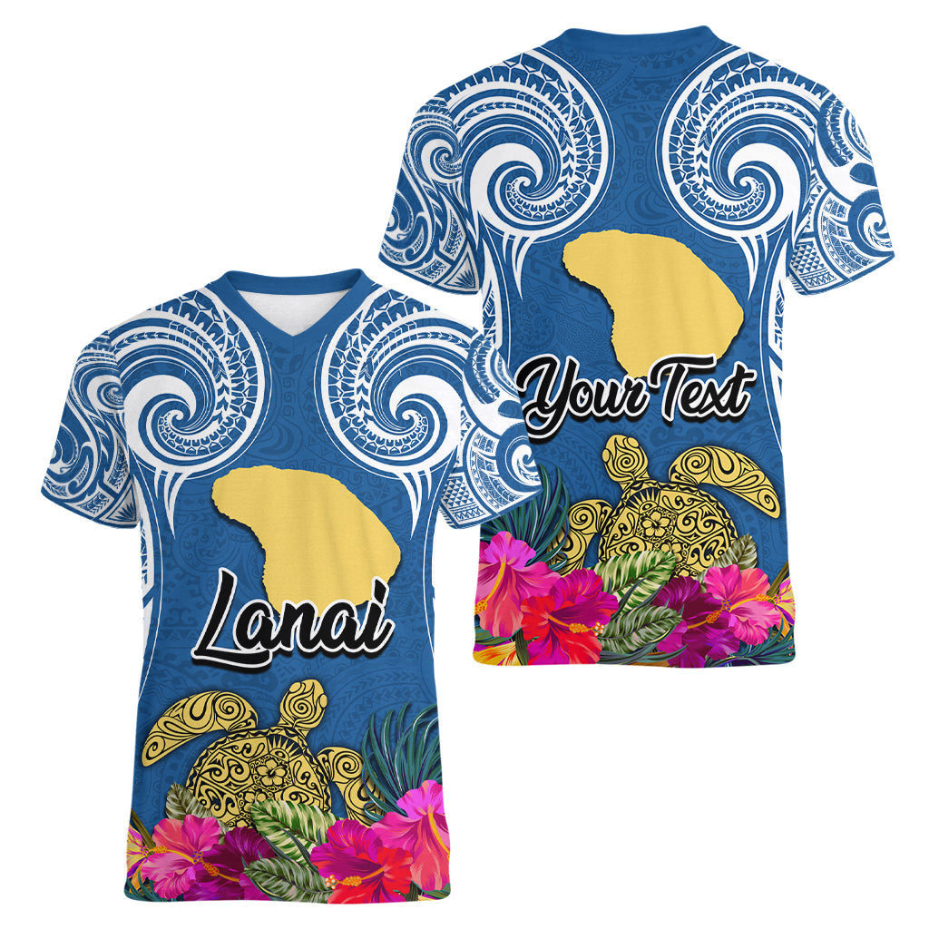 Custom Hawaii Lanai Island Women V Neck T Shirt Hibiscus Turle and Map with Polynesian Spiral LT03 - Polynesian Pride
