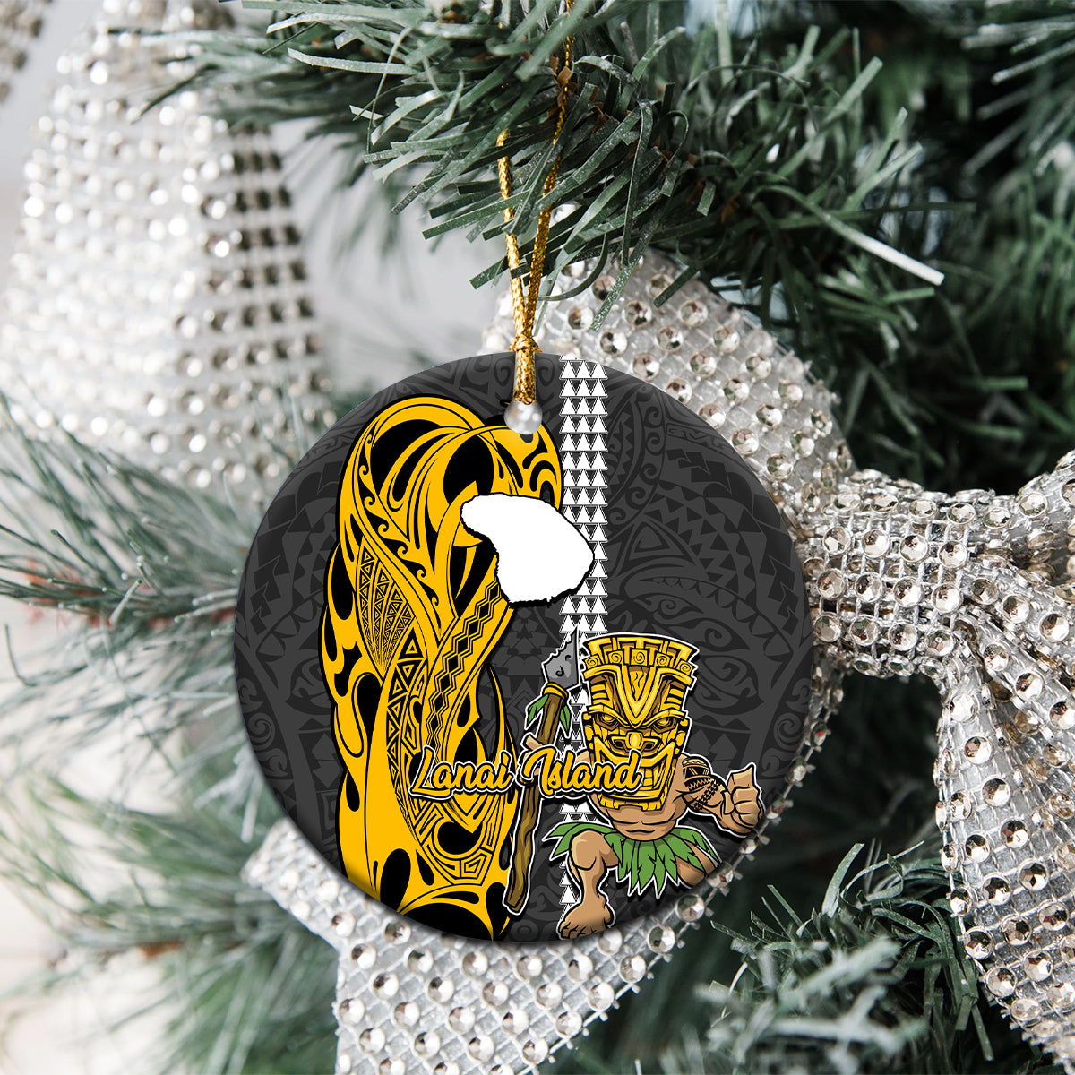 Hawaii Lanai Island Ceramic Ornament Hawaiian Warrior and Kakau Symbols Abstract Tattoo LT03 - Polynesian Pride