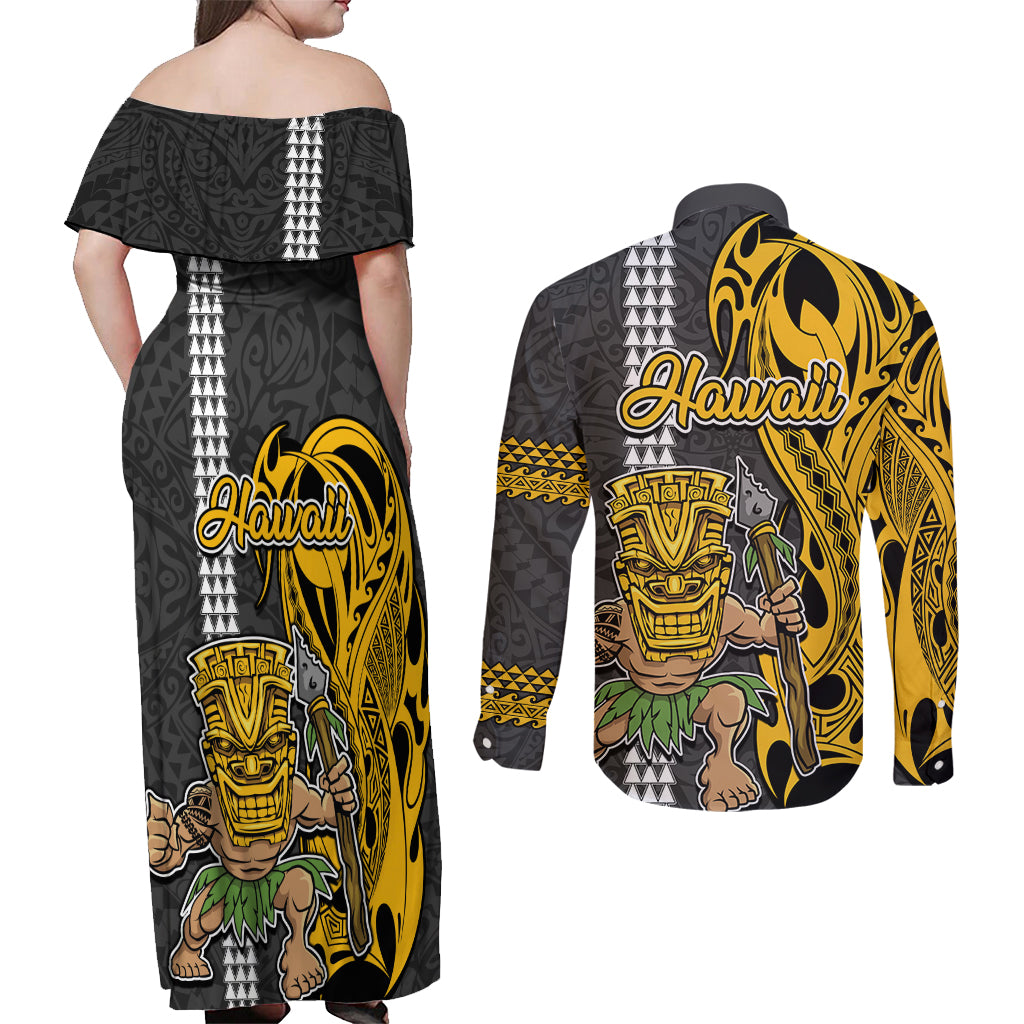 Hawaii Lanai Island Couples Matching Off Shoulder Maxi Dress and Long Sleeve Button Shirts Hawaiian Warrior and Kakau Symbols Abstract Tattoo LT03 - Polynesian Pride