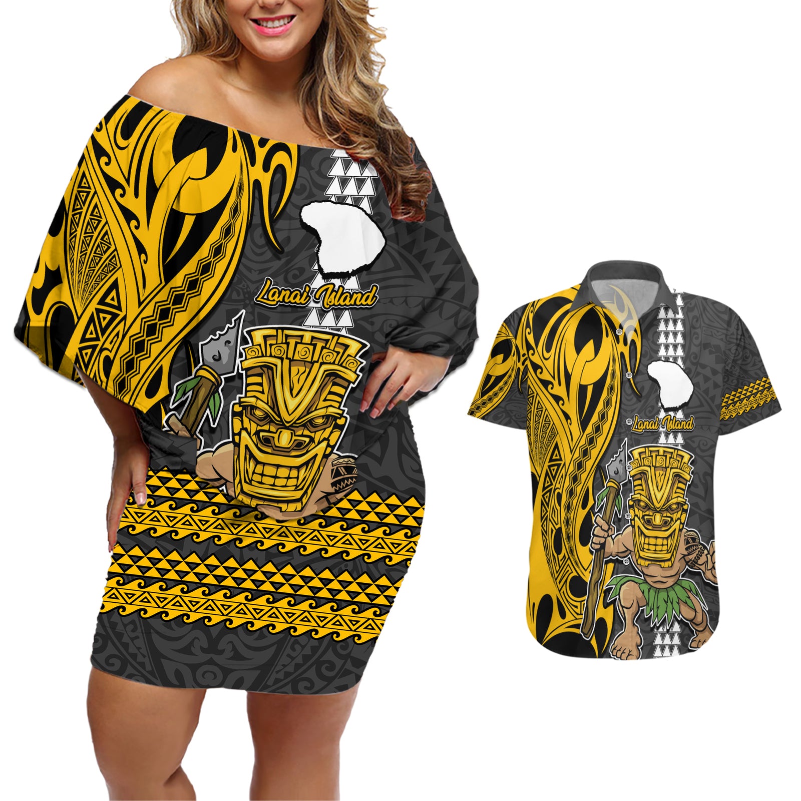 Hawaii Lanai Island Couples Matching Off Shoulder Short Dress and Hawaiian Shirt Hawaiian Warrior and Kakau Symbols Abstract Tattoo LT03 Yellow - Polynesian Pride