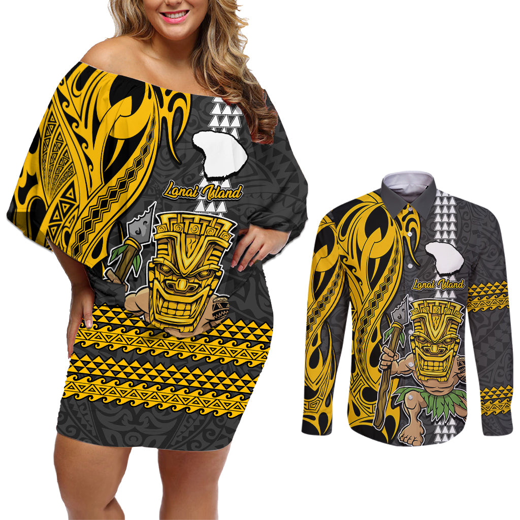 Hawaii Lanai Island Couples Matching Off Shoulder Short Dress and Long Sleeve Button Shirts Hawaiian Warrior and Kakau Symbols Abstract Tattoo LT03 Yellow - Polynesian Pride
