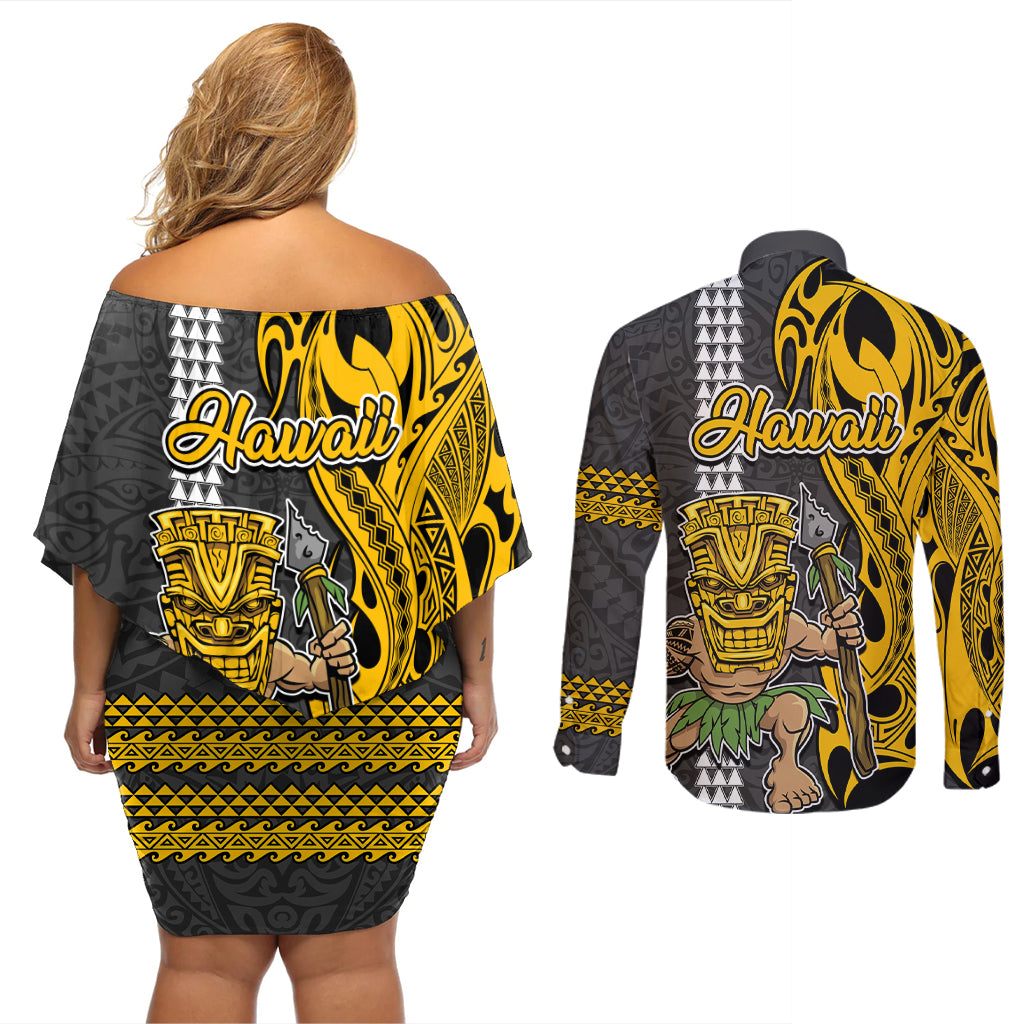 Hawaii Lanai Island Couples Matching Off Shoulder Short Dress and Long Sleeve Button Shirts Hawaiian Warrior and Kakau Symbols Abstract Tattoo LT03 - Polynesian Pride