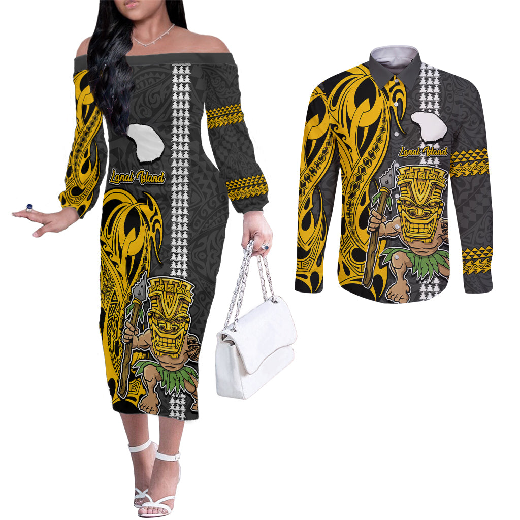 Hawaii Lanai Island Couples Matching Off The Shoulder Long Sleeve Dress and Long Sleeve Button Shirts Hawaiian Warrior and Kakau Symbols Abstract Tattoo LT03 Yellow - Polynesian Pride
