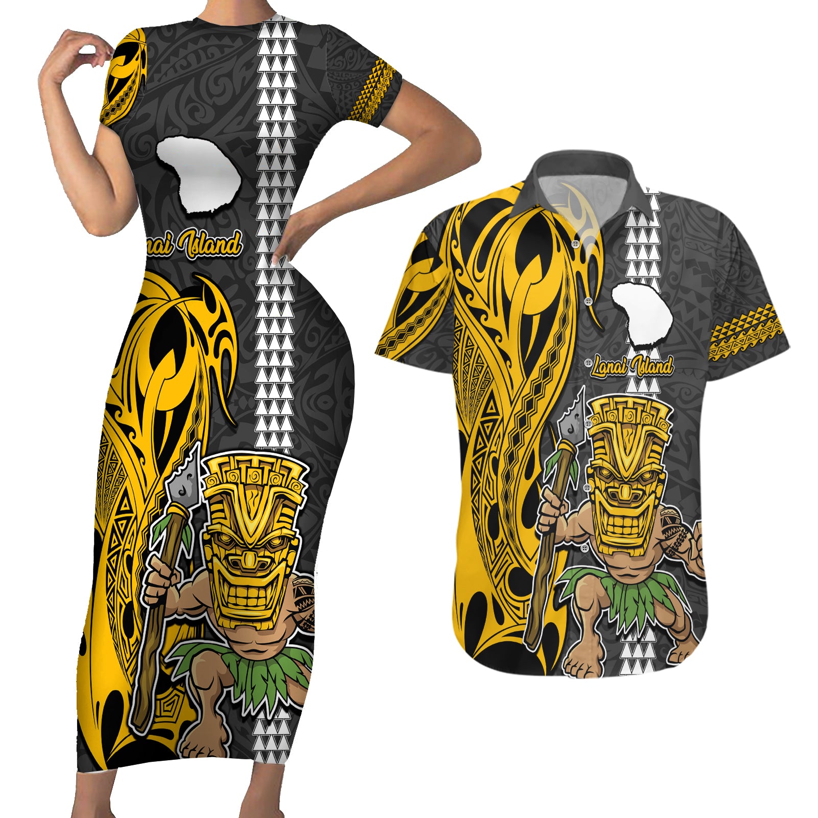 Hawaii Lanai Island Couples Matching Short Sleeve Bodycon Dress and Hawaiian Shirt Hawaiian Warrior and Kakau Symbols Abstract Tattoo LT03 Yellow - Polynesian Pride