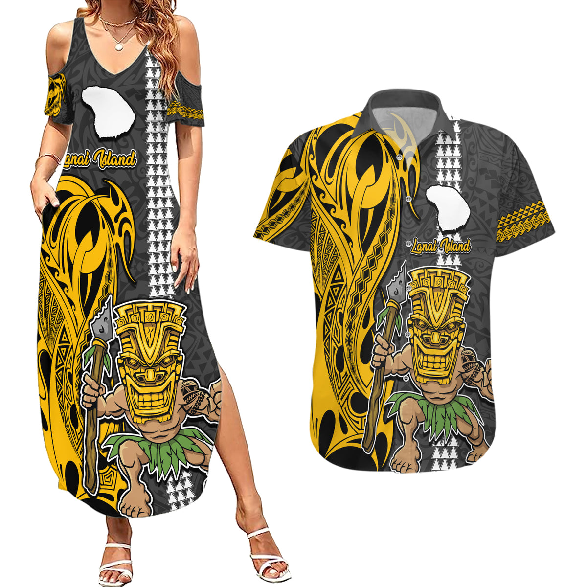 Hawaii Lanai Island Couples Matching Summer Maxi Dress and Hawaiian Shirt Hawaiian Warrior and Kakau Symbols Abstract Tattoo LT03 Yellow - Polynesian Pride